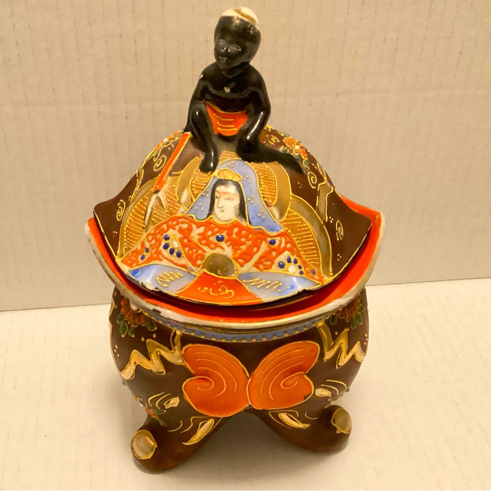 Antique Japanese Royal Satsuma Elephant base jar with Lid - Multicolor
